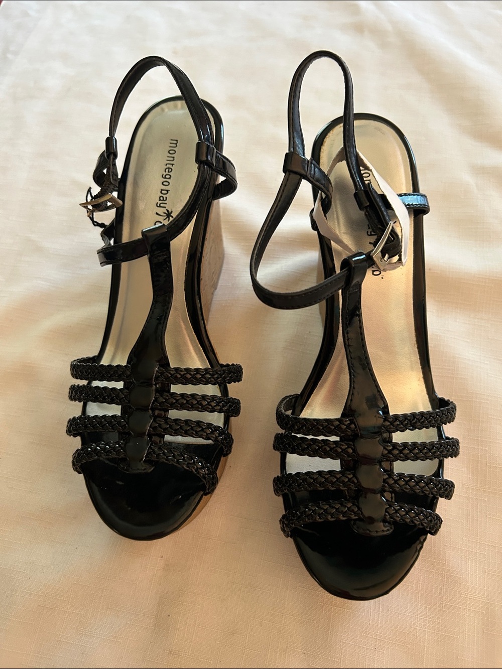 Montego Bay Club Black Braided T-Strap Wedge Sandals
